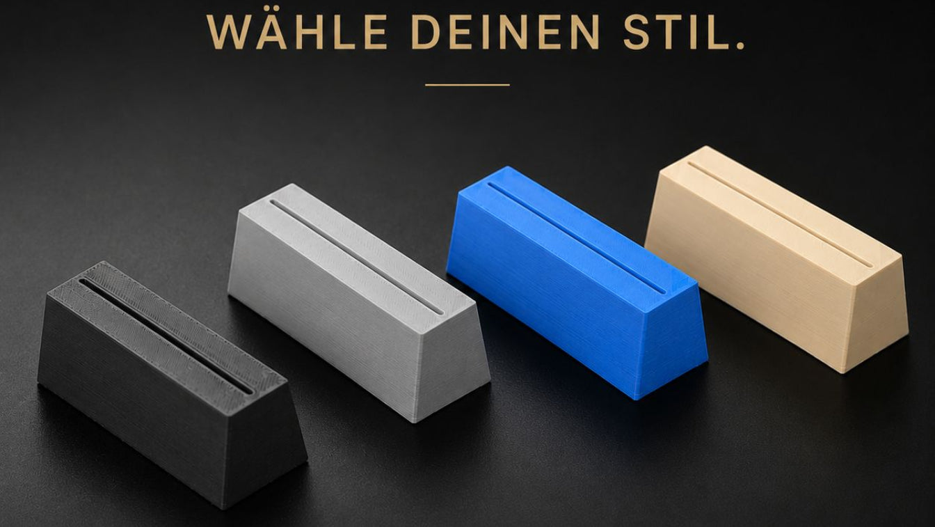 3D-Standfüße für QR-Code-Karten in Anthrazit, Silber, Blau und Beige