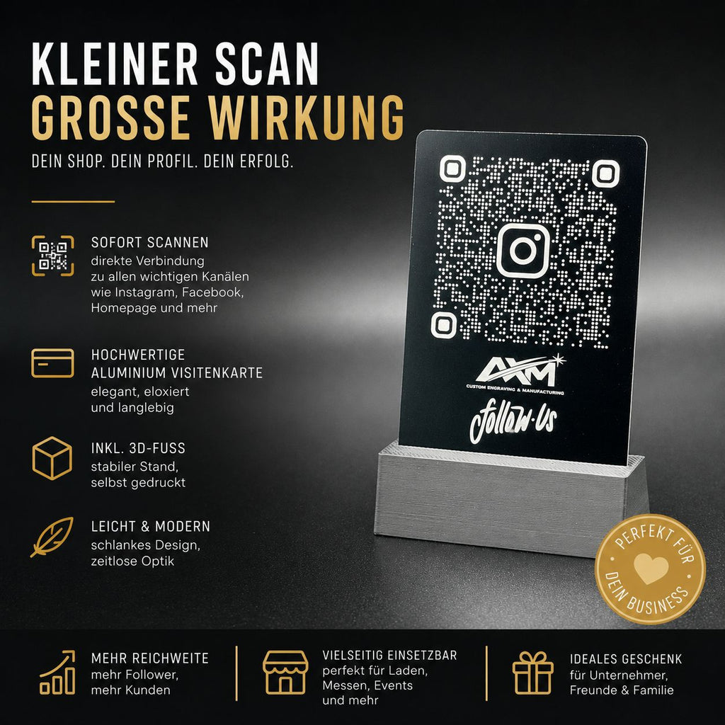 Personalisierte schwarze QR-Code-Aluminiumkarte mit anthrazitfarbenem 3D-Standfuß