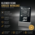 Personalisierte schwarze QR-Code-Aluminiumkarte mit anthrazitfarbenem 3D-Standfuß