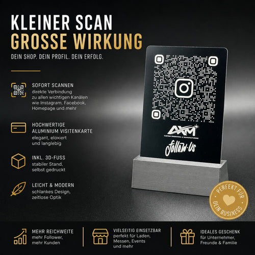 Personalisierte schwarze QR-Code-Aluminiumkarte mit anthrazitfarbenem 3D-Standfuß